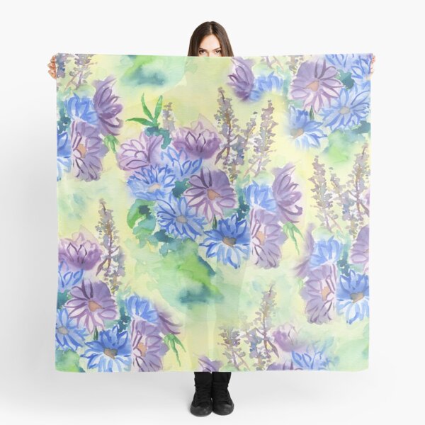Watercolor Hand-Painted Purple Blue Daisies Daisy Flowers Scarf