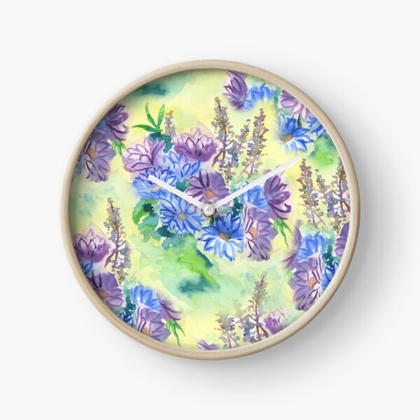 Watercolor Hand-Painted Purple Blue Daisies Daisy Flowers Clock
