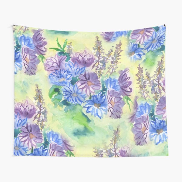 Watercolor Hand-Painted Purple Blue Daisies Daisy Flowers Tapestry