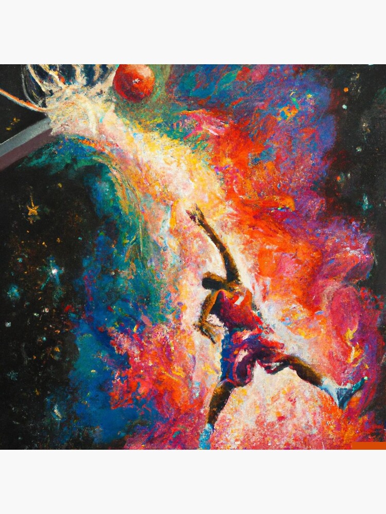 "An expressive oil painting of a basketball player dunking, depicted as