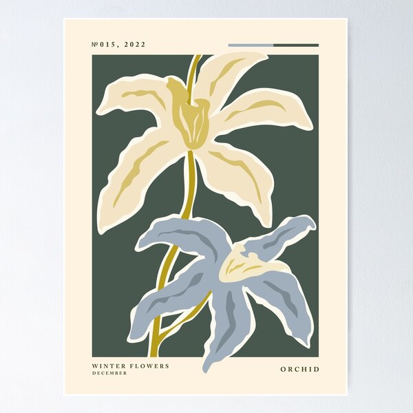 Aperçu de l'œuvre Fleurs d'hiver, Orchidée, Marché aux fleurs, Affiche rétro, Impression neutre, Impression d'exposition, Fleurs abstraites créée et vendue par KristinityArt.