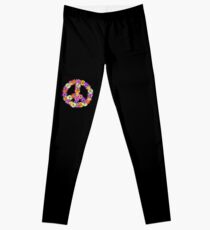 Peace Sign Floral on Black Leggings