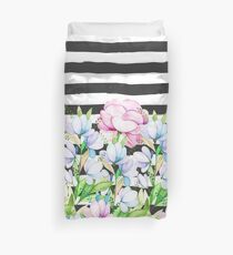 Schwarz-weiße Pinselstriche Lavendel rosa Aquarell floral Streifen Bettbezug