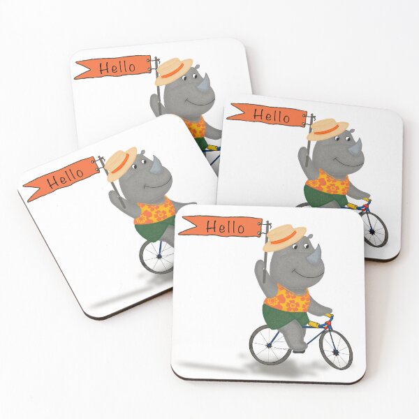 Item preview, Cute Baby Rhinoceros Riding a bicycle carrying a Flag saying Hello designed and sold by MFGB-Creations.
