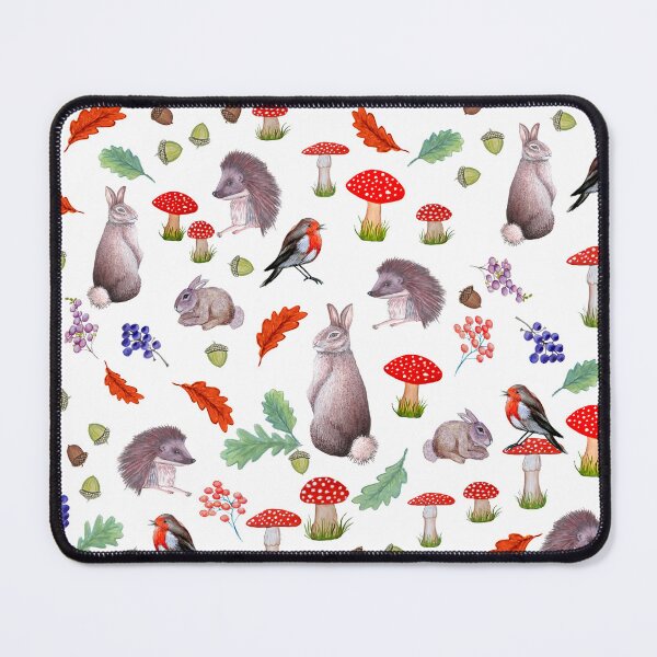 Item preview, Rabbit, hedgehog and Robin with red mushrooms, Autumn leaves and berries designed and sold by MagentaRose.