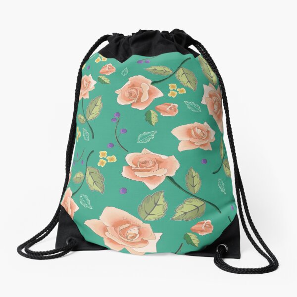 Roses on Teal Drawstring Bag