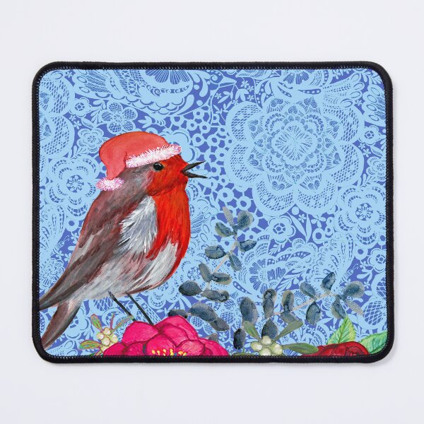 Item preview, Robin Christmas santa art on periwinkle blue lace designed and sold by MagentaRose.