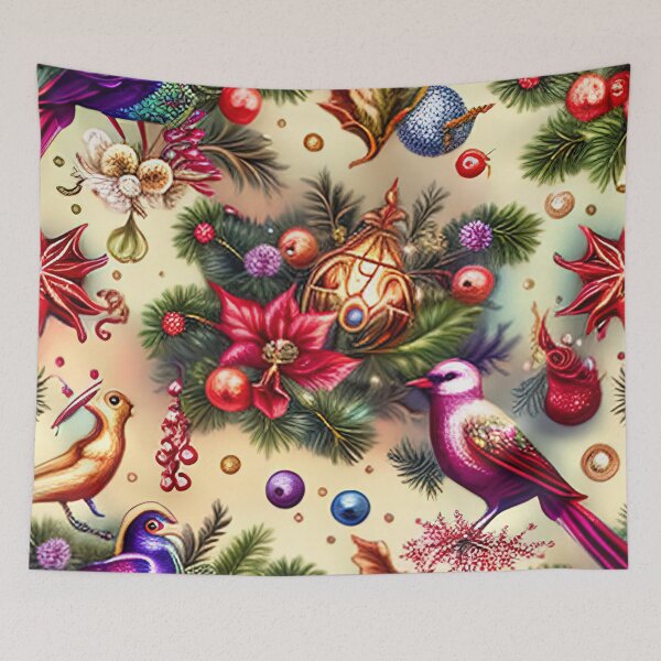 Item preview, Christmas pattern with flowers, balls and birds designed and sold by XmasPatterns.