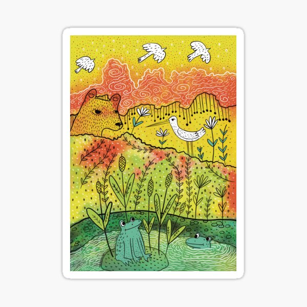 Bear Frog Birds, Swamp, Sunset Sticker