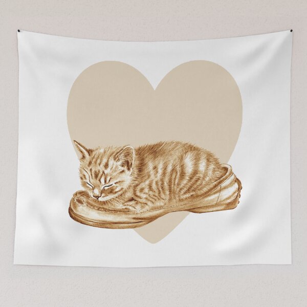 Item preview, Sleeping kitten in an old shoe on a heart background, brown colorized version designed and sold by SylvieG18.