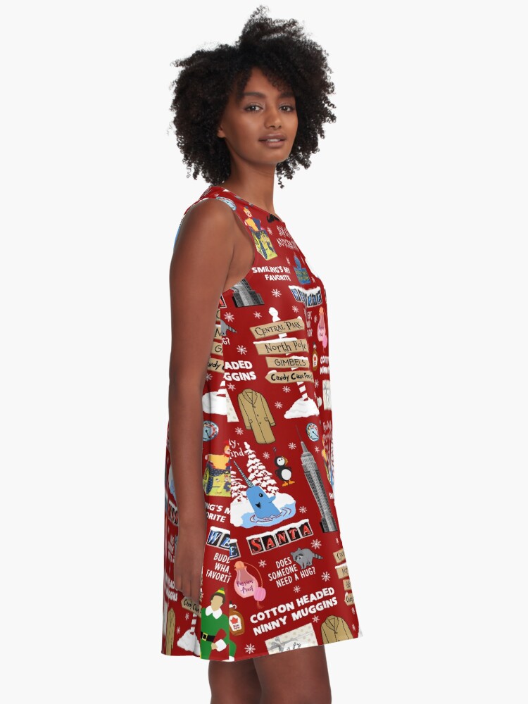 Alternate view of Buddy the Elf collage, Red background A-Line Dress