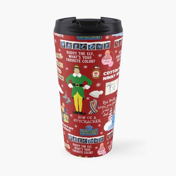 Buddy the Elf collage, Red background Travel Coffee Mug