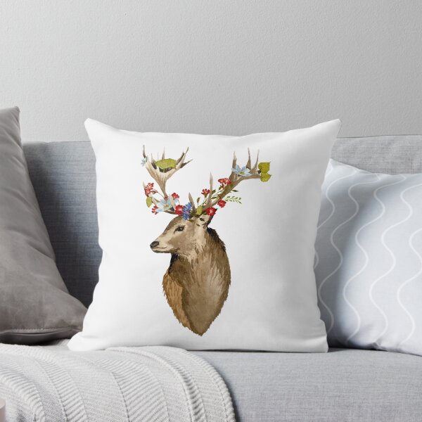 Item preview, Deer head with flower leaves watercolor sketch designed and sold by Yana Mustafina | Boho Soulful Designs.