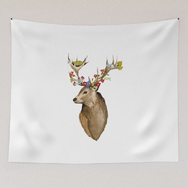Item preview, Deer head with flower leaves watercolor sketch designed and sold by Yana Mustafina | Boho Soulful Designs.