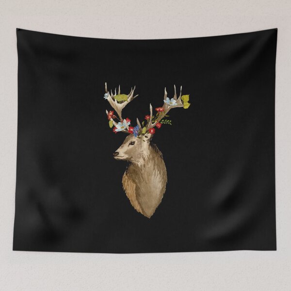 Item preview, Deer head with flower leaves watercolor sketch black designed and sold by Yana Mustafina | Boho Soulful Designs.