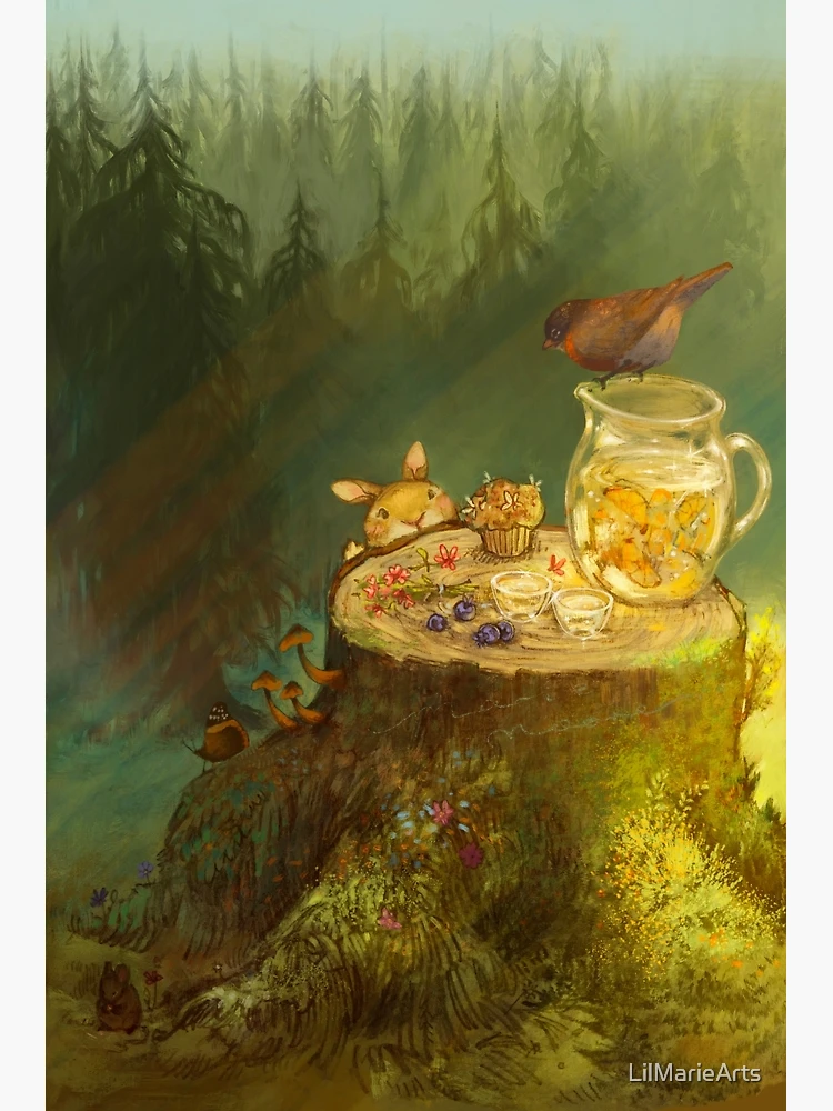 Woodland tea party. Hand painted original on reclaimed wood buy with textured edging