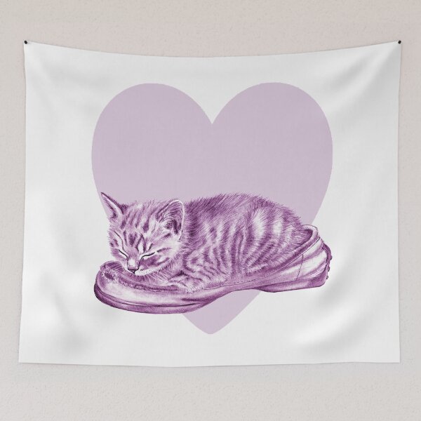 Item preview, Sleeping kitten in an old shoe on a heart background, purple colorized version designed and sold by SylvieG18.