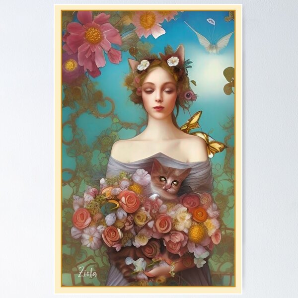 Item preview, Artist Ziola - Enchanting Art Nouveau Stye - Pretty Girl Holding Cat and Roses designed and sold by ZiolaRosa.
