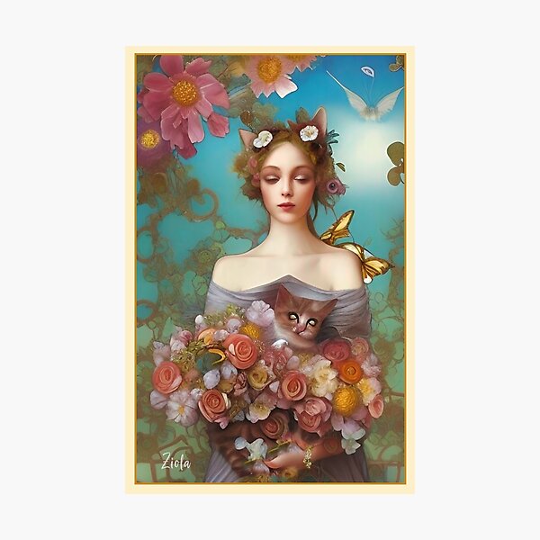 Artist Ziola - Enchanting Art Nouveau Stye - Pretty Girl Holding Cat and Roses Photographic Print