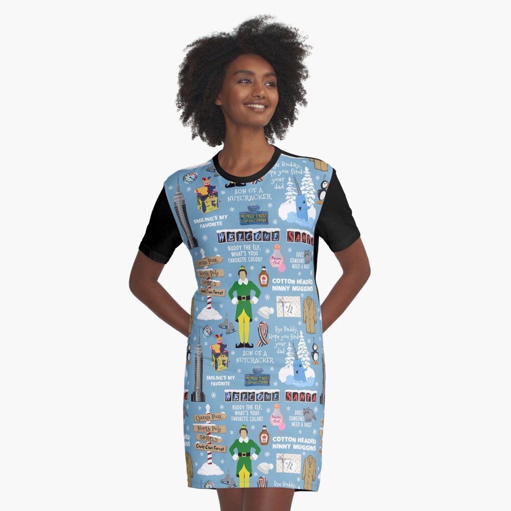 Buddy the Elf collage, Blue background Graphic T-Shirt Dress