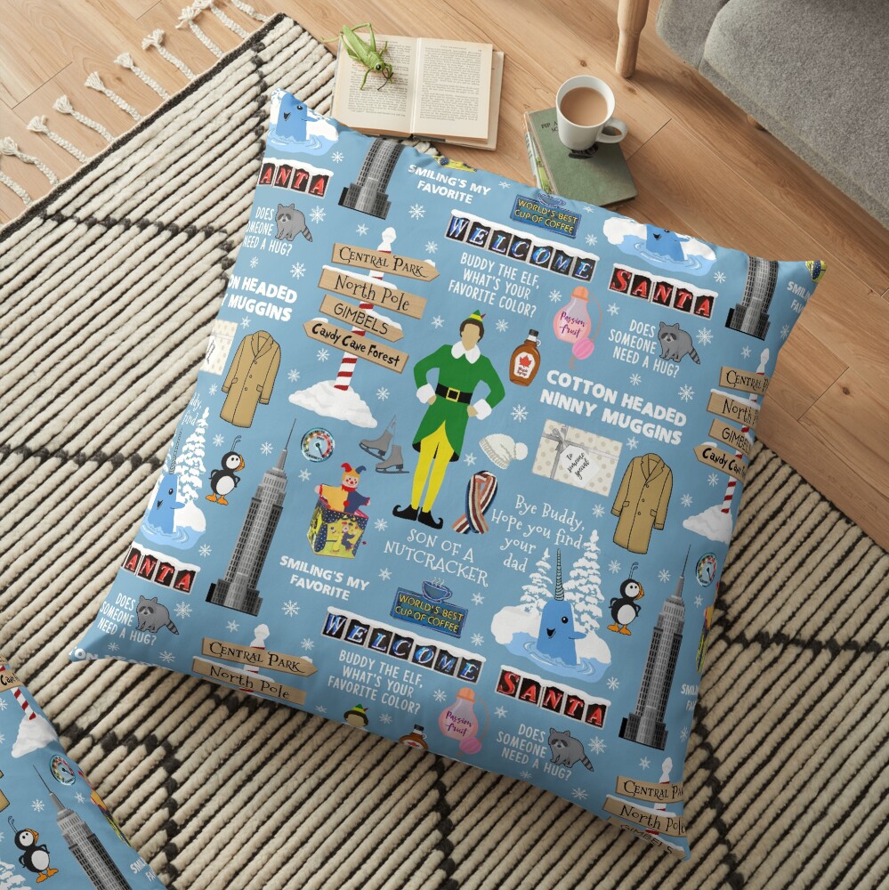 Buddy the Elf collage, Blue background Floor Pillow