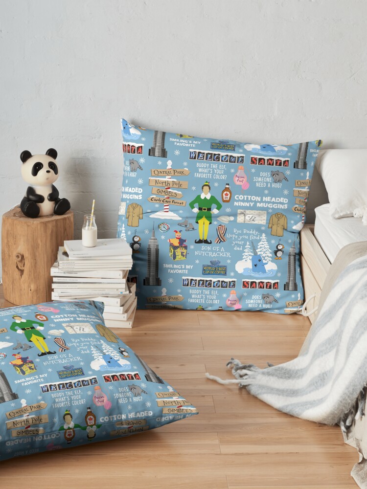 Alternate view of Buddy the Elf collage, Blue background Floor Pillow