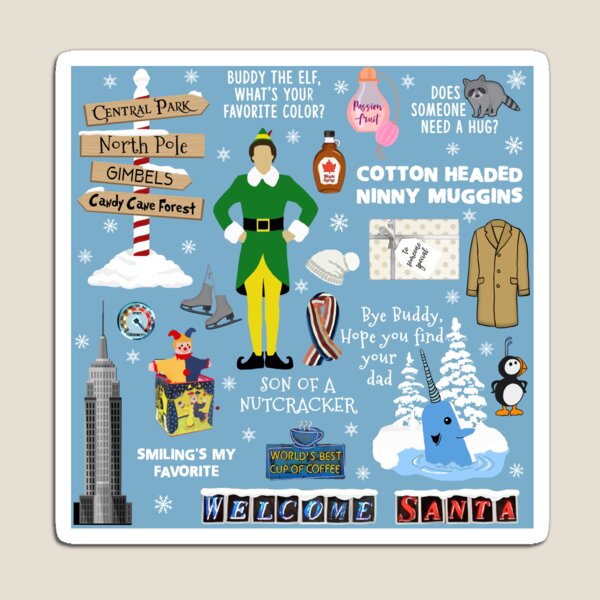 Buddy the Elf collage, Blue background Magnet