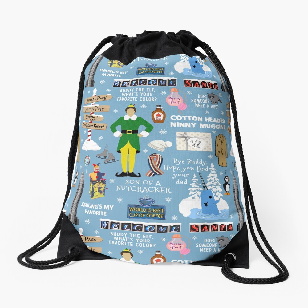 Buddy the Elf collage, Blue background Drawstring Bag