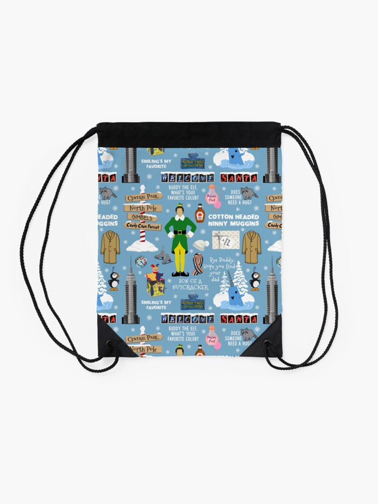 Alternate view of Buddy the Elf collage, Blue background Drawstring Bag