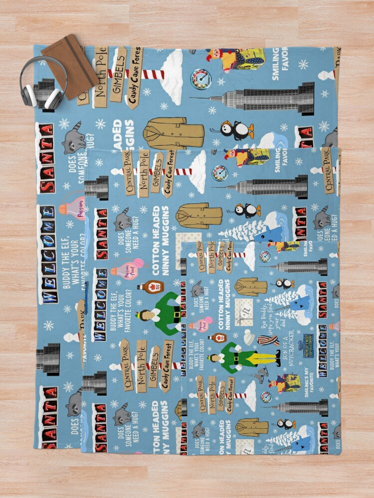 Discover Buddy the Elf collage, Blue background Throw Blanket