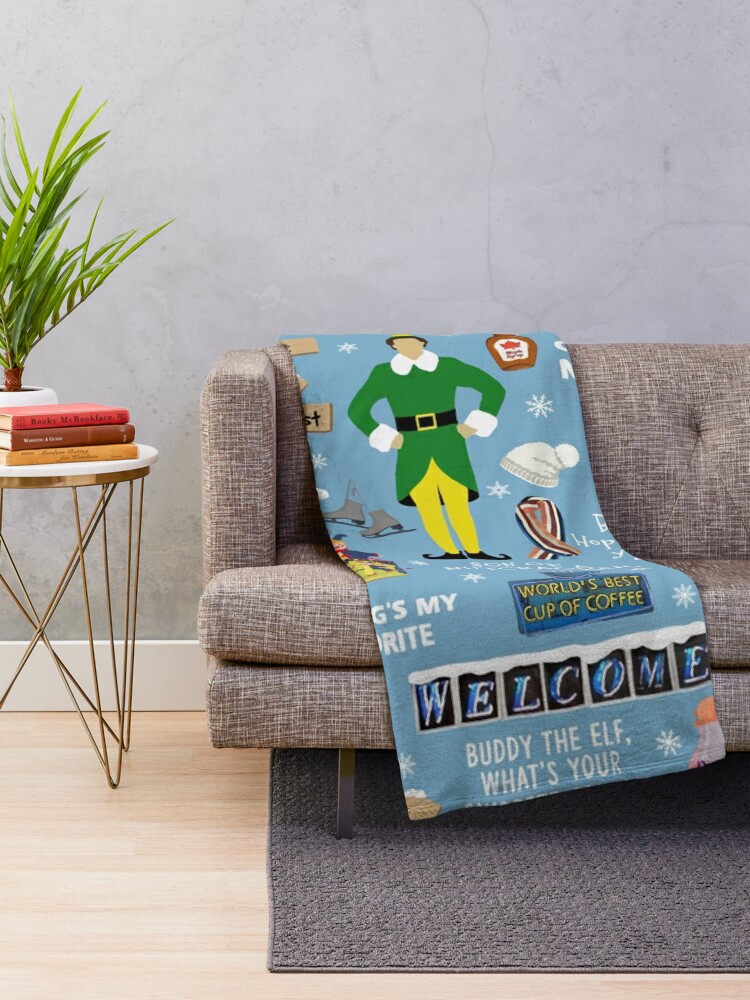 Discover Buddy the Elf collage, Blue background Throw Blanket