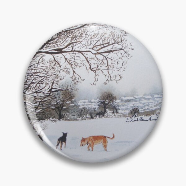 Item preview, dog snow scene landscape with trees & rooftops art designed and sold by pollywolly.