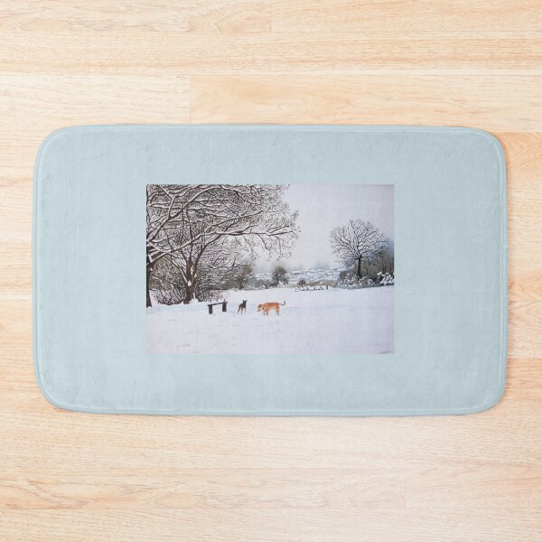 Item preview, dog snow scene landscape with trees & rooftops art designed and sold by pollywolly.