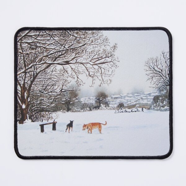 Item preview, dog snow scene landscape with trees & rooftops art designed and sold by pollywolly.