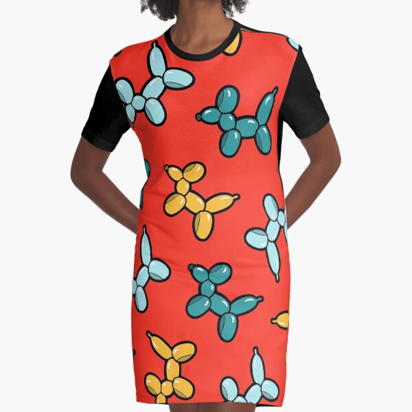 Balloon Animal Dogs Pattern in Red Graphic T-Shirt Dress