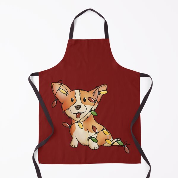 Our Little Cute Corgi Tangled in Christmas Lights On a Cheery Red Apron