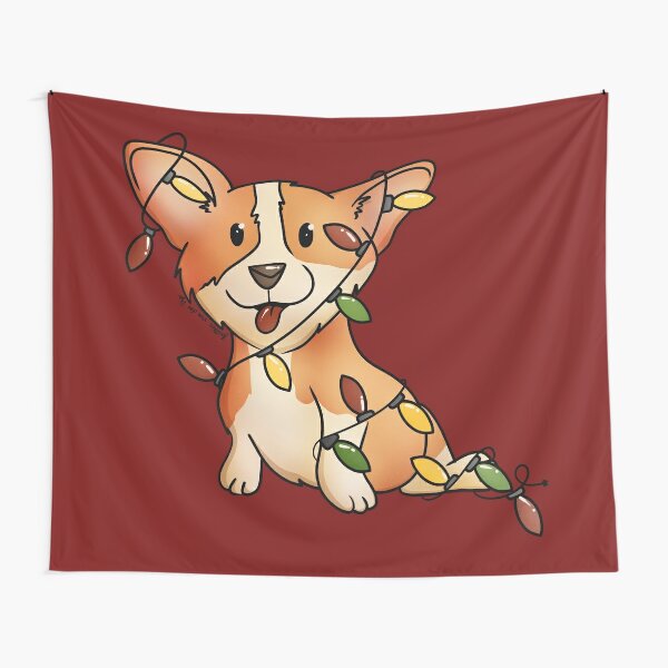 Our Little Cute Corgi Tangled in Christmas Lights On a Cheery Red Tapestry