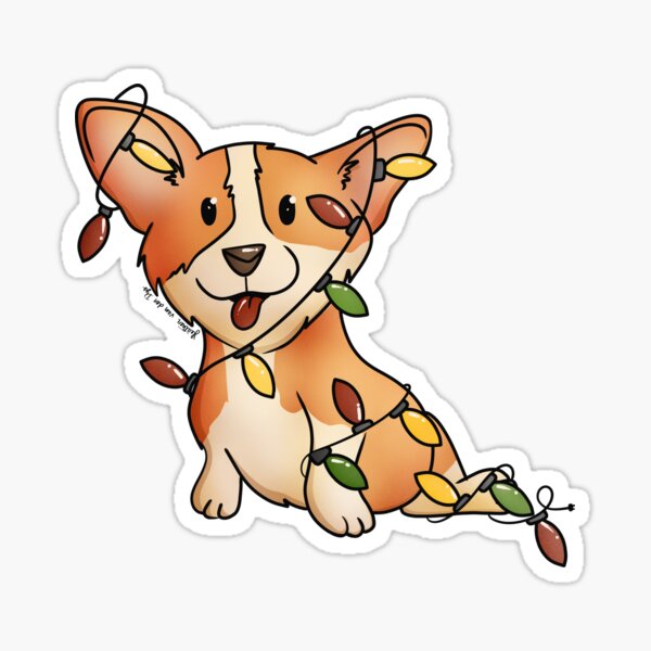 Our Little Cute Corgi Tangled in Christmas Lights On a Cheery Red Sticker