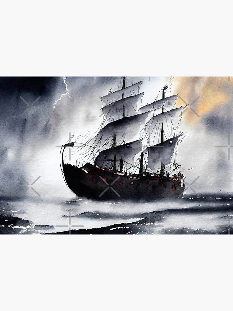 A pirate ship in a stormy sea. Watercolor painting. Art Board