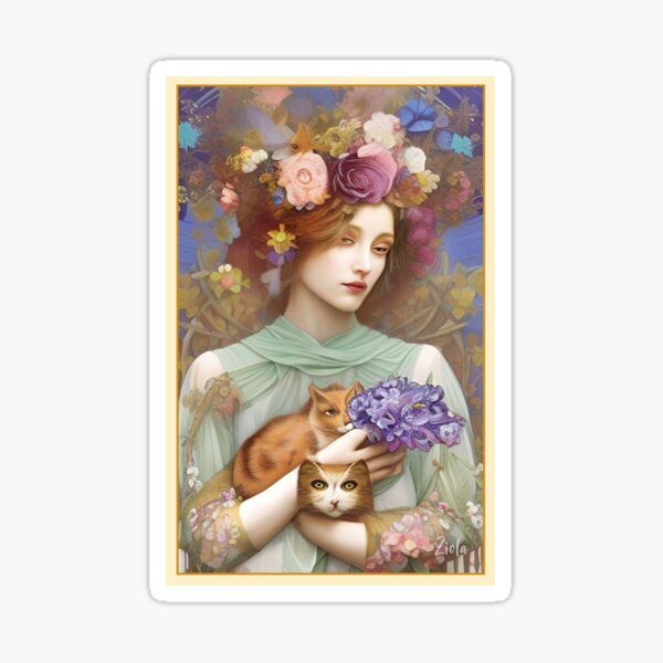 Pretty enchanting painting by Ziola a Art Nouveau Girl with flowers and cute cats Sticker