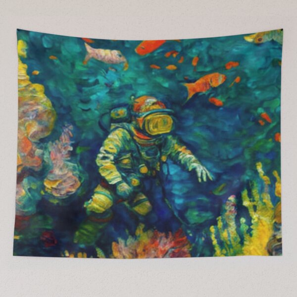 Item preview, Man with red hair scuba diving in the ocean with corals and fish in Vincent van Gogh style designed and sold by ArtifactVault.