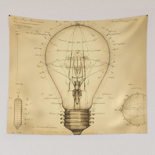 Item preview, Light bulb detailed technical drawing with measurements and calculations in Leonardo da Vinci style designed and sold by ArtifactVault.