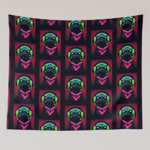 Item preview, Cyberpunk Pug Puppy in Headphones Japanese Retro Vaporwave  designed and sold by madtoyman.