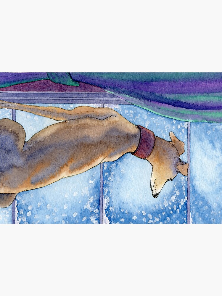 Greyhound dog sits in the warm watching the snow fall outside by SusanAlisonArt