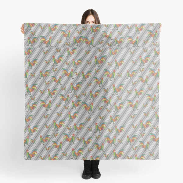 Punky Rooster Pattern on Lite Gray Stripped Scarf