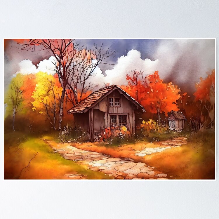 Picturesque cozy cabin in autumn forest. Watercolor painting. Art Board  Print for Sale by ornate-design