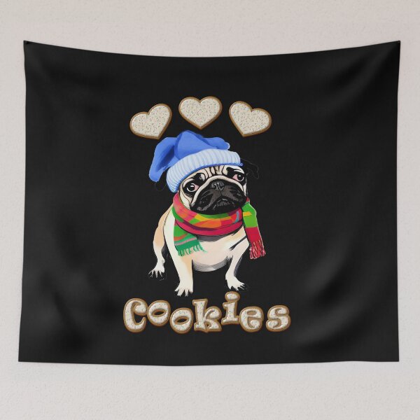 Item preview, Love cookies /Pug loves cookies/ Funny pug/Dog greetings/Pug with beanie and scarfes designed and sold by bubblylive.