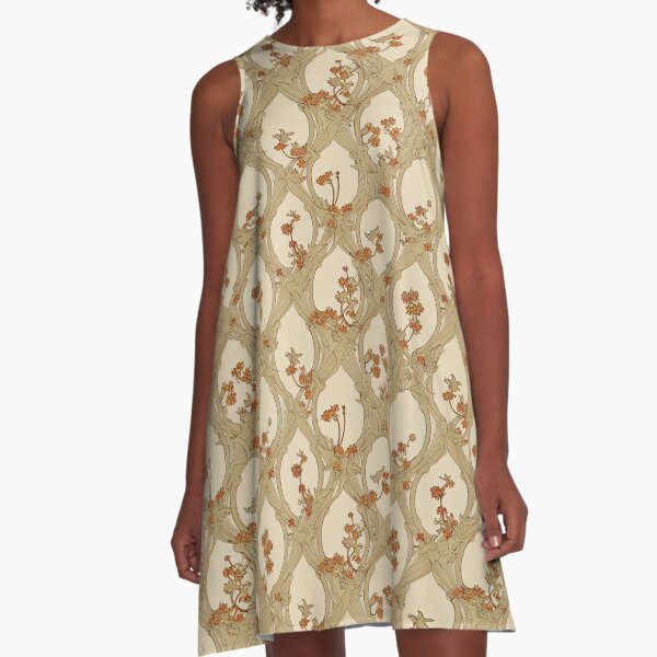 Wunderbares Kunst Nouveau Blumenmuster Alphonse Mucha William Morris A-Linien Kleid