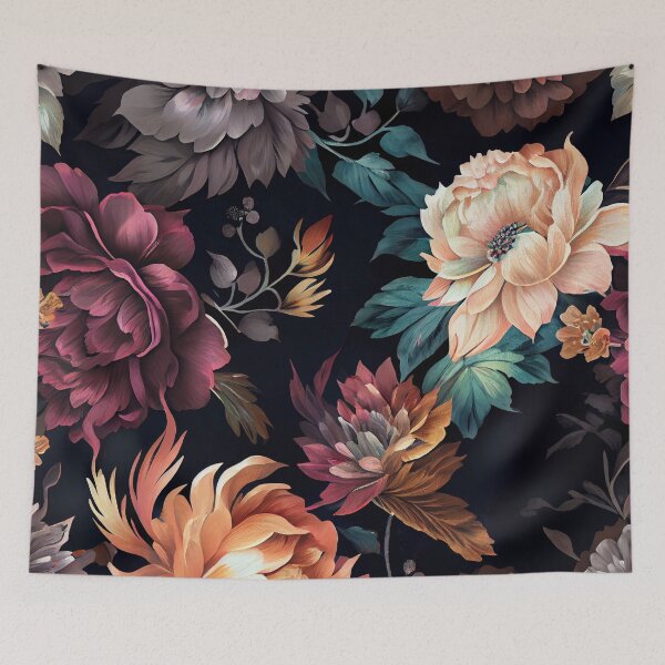 Aperçu de l'œuvre Elegant Floral Print Patten on a Black Background Digital Painting créée et vendue par CodeAndColors.