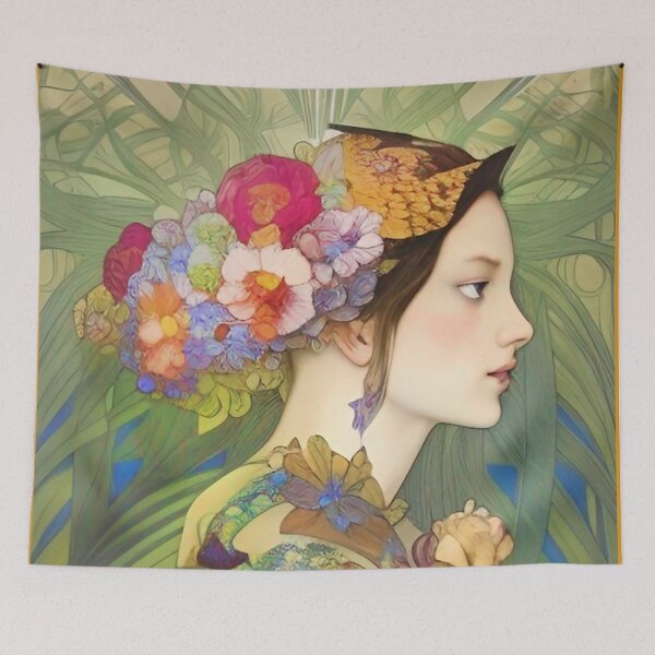 Item preview, Art Deco portrait of a pretty girl with flowers by Ziola botanical flora flower designed and sold by ZiolaRosa.